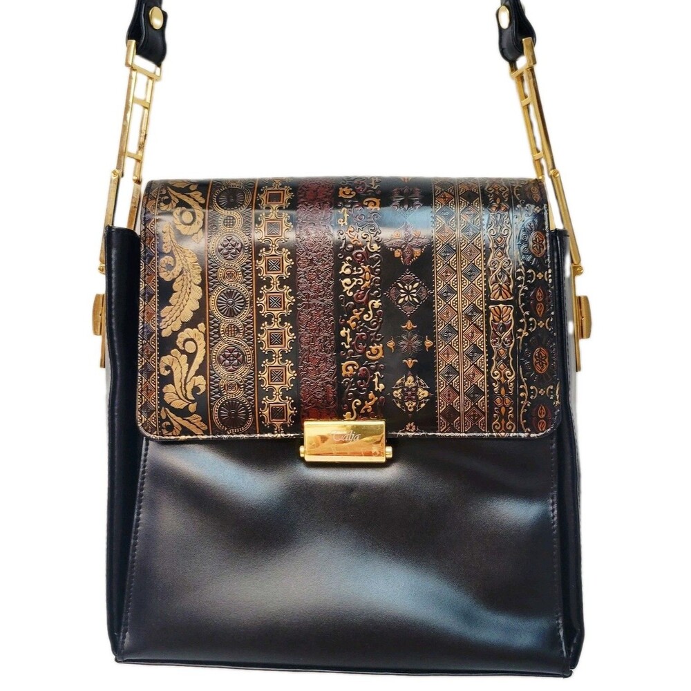 Vintage TALJA Florence Italy Black Leather Convertible Shoulder Bag Damascato